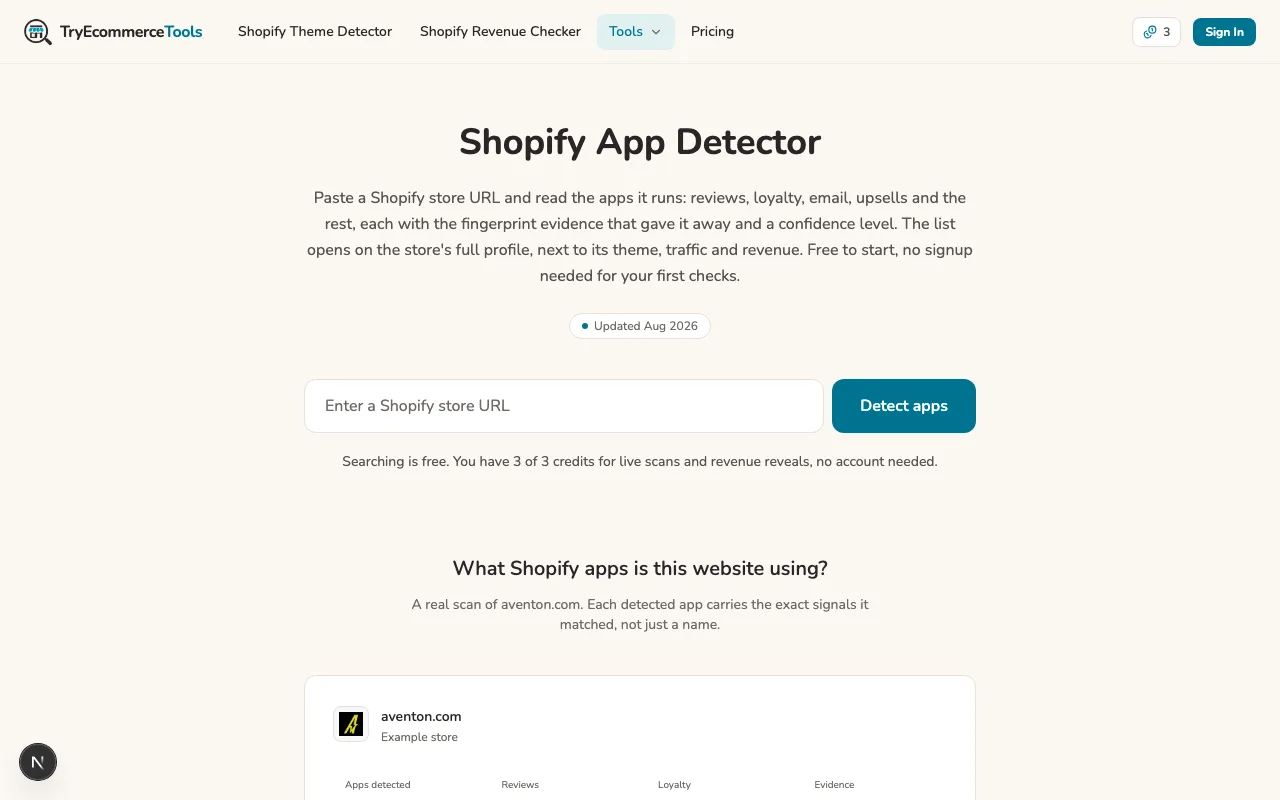 The TryEcommerceTools Shopify app detector page